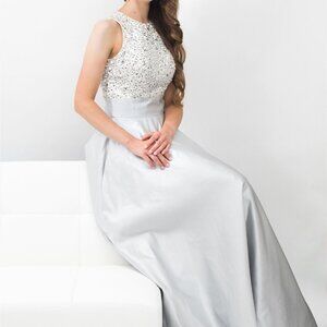 Silver satin gown with sequined bodice, Online ordered, no size listed - a 4-6?